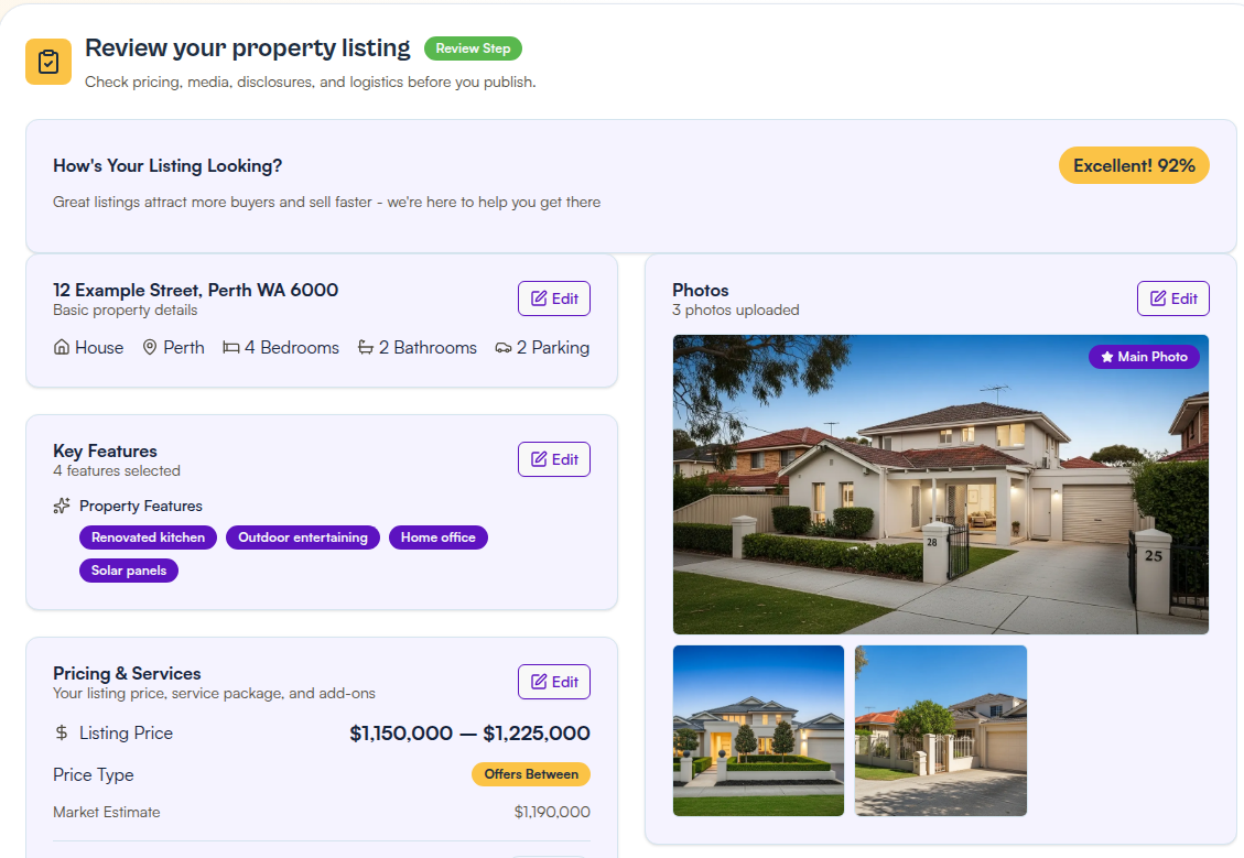 For Sale by Owner property listing review step for a demo seller showing pricing, property details, media, and final publish actions.